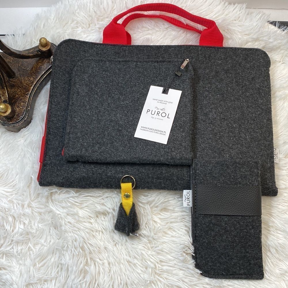 PUROL FELT LAPTOP SLEEVE Dark Gray With Red Handle Hand Made NWT